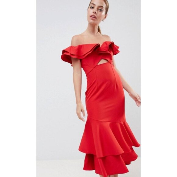 Jarlo Ruffle Top Bardot Cut Out Cherry Red Holiday Prom Maxi Dress NWT US 4/UK 8 - Picture 3 of 8